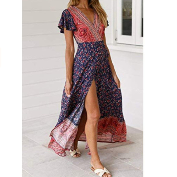 sexy boho floral Printed Wrap v-neck dress SIZE L - Picture 3 of 8